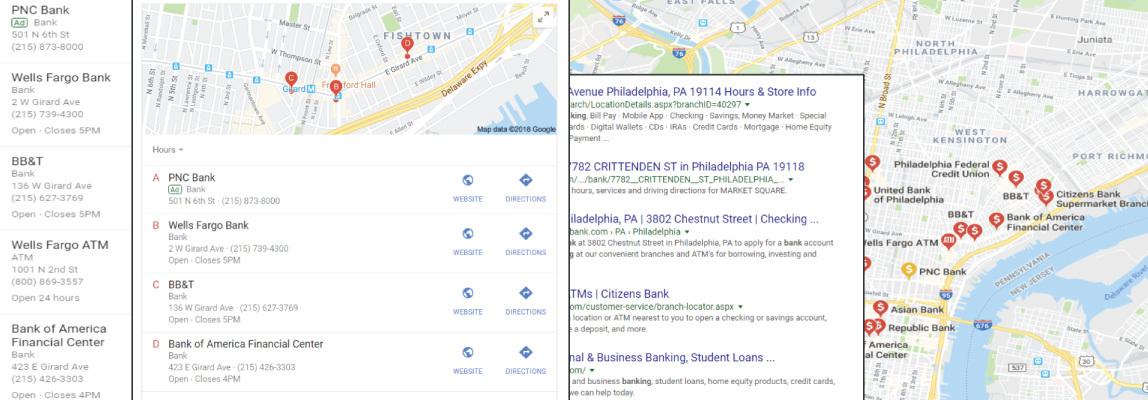 A screenshot showing examples of Local packs, places pack, Google My Business, local ads overlapping one another.