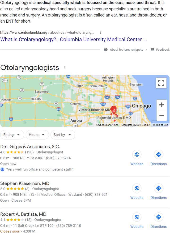 SERP for otolaryngology showing a featured snippet and a local pack.