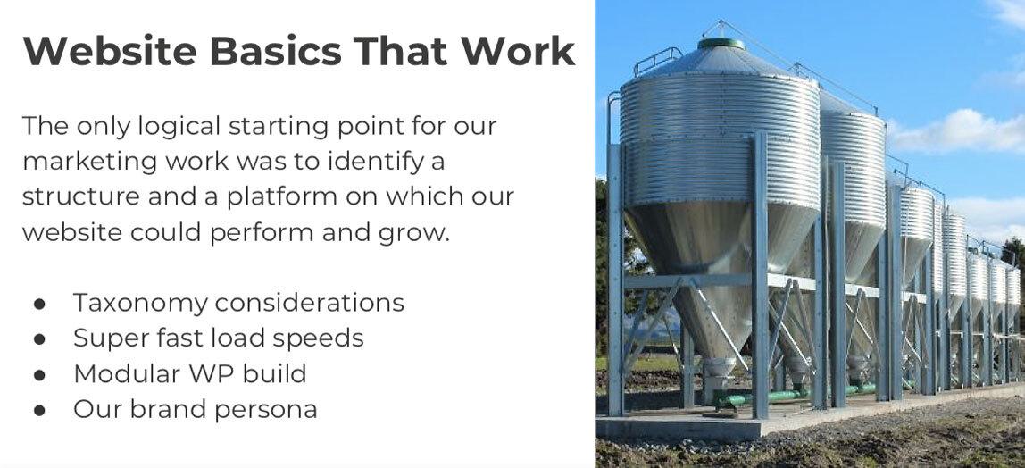 An image with metal silos and outlining 'Website Basics That Work'