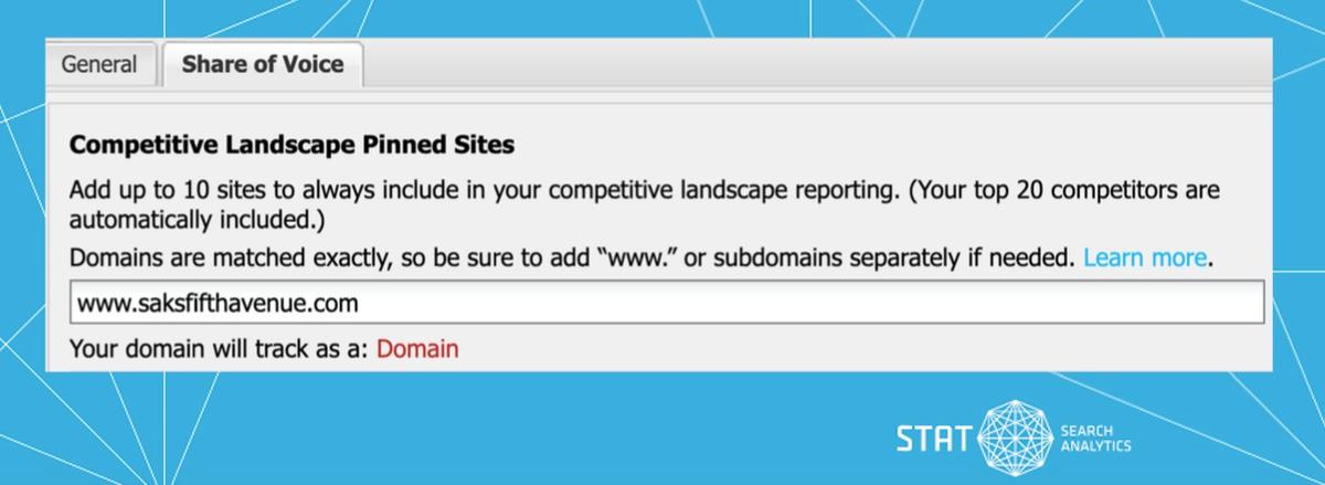 A screenshot showing how to add a pinned site into your competitive landscape tab in STAT