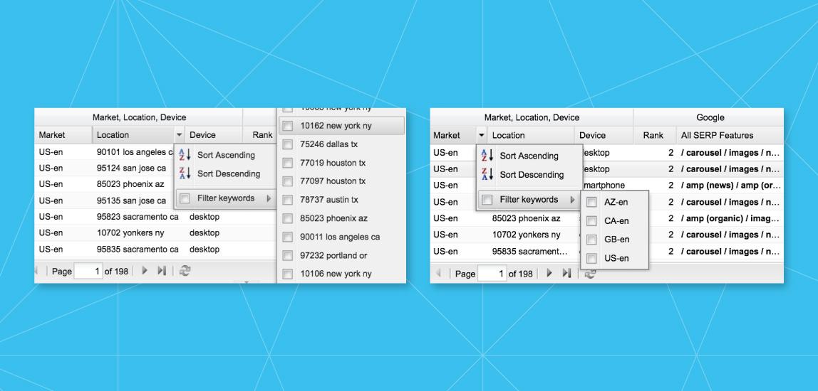 Examples of tags set up with filtering criteria for local insights in STAT