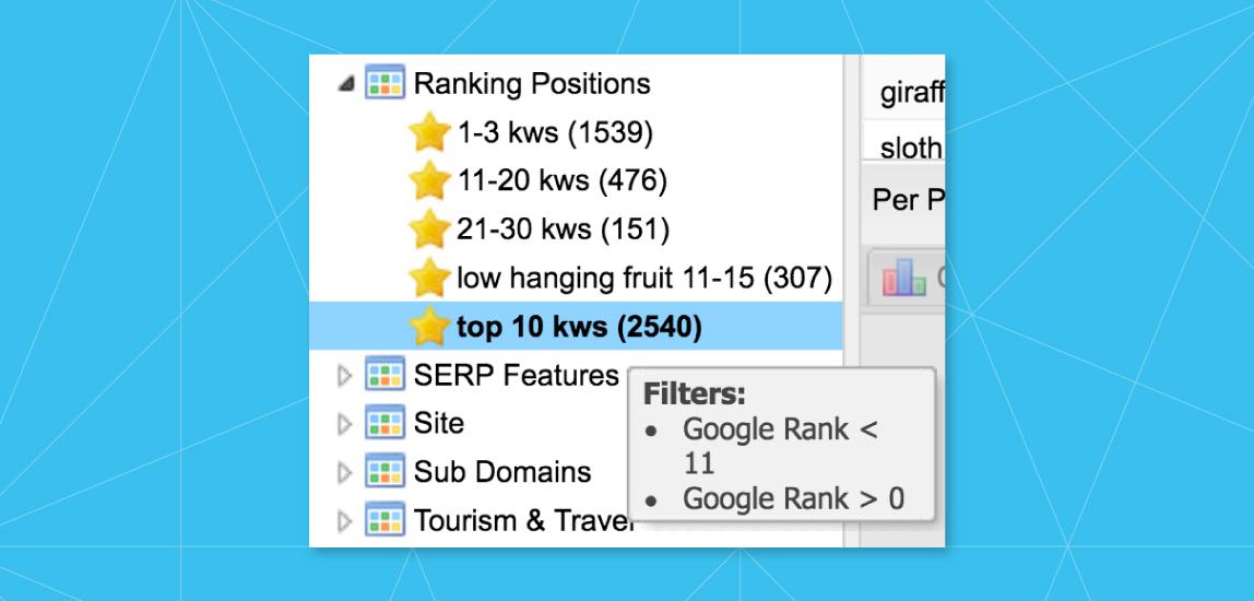 A screenshot of dynamic tags in STAT filtering keywords by ranking postion