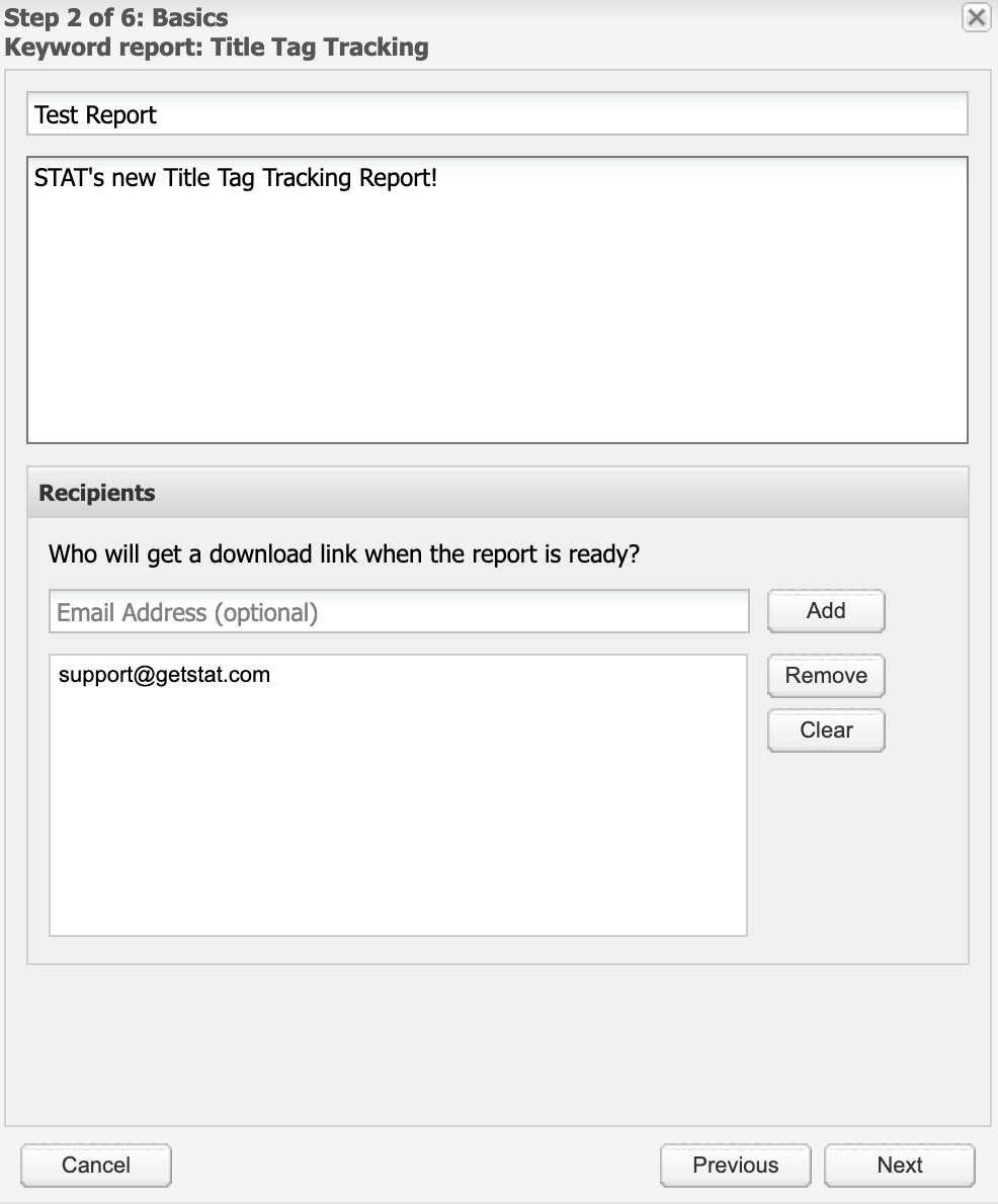 Screenshot showing Title Tags report - Step 2: Basics.