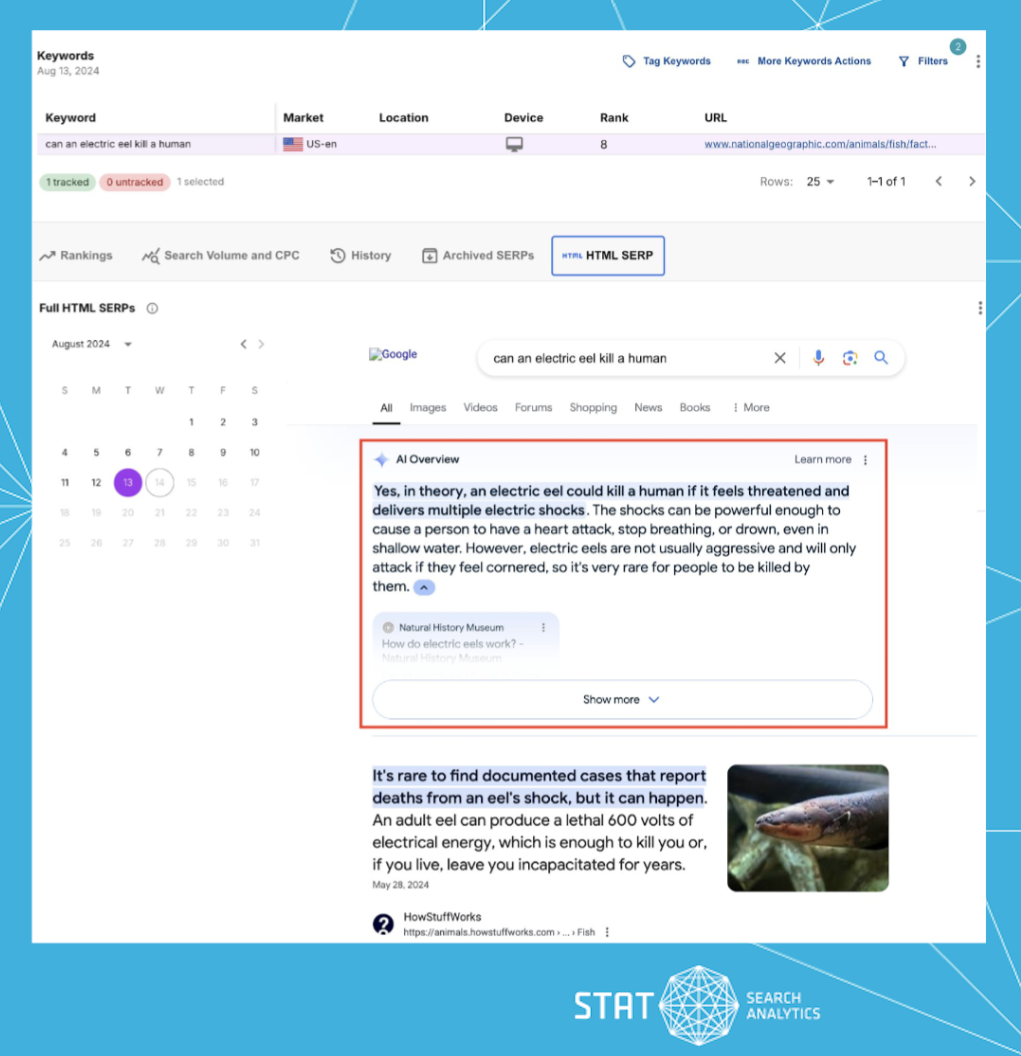 A screenshot of the Full HTML SERP tab in STAT showing an AI Overview result
