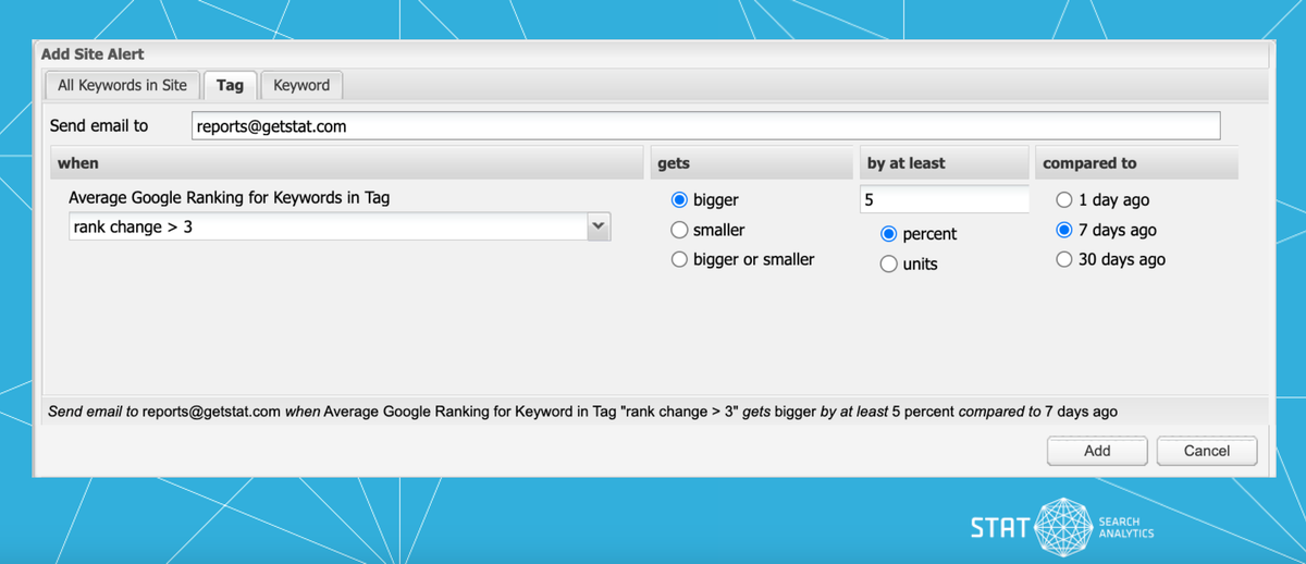 A screenshot showing setting up alerts in STAT.