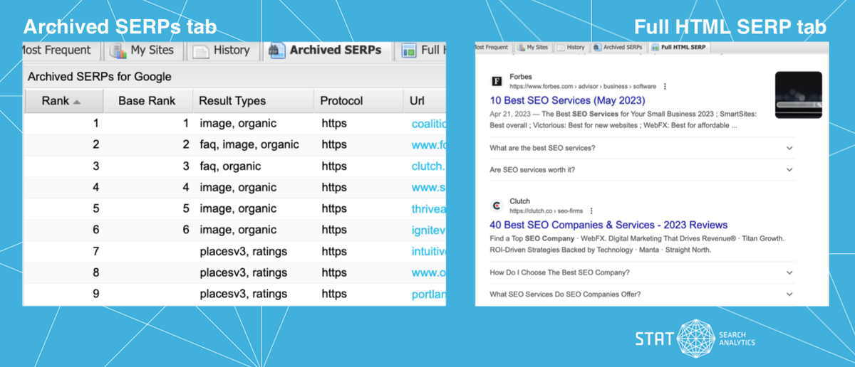 Screenshots of the Archived SERPs tab and Full HTML SERP tab in STAT.