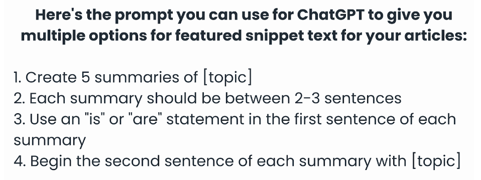 A screenshot outlining a ChatGPT prompt to generate featured snippet text.