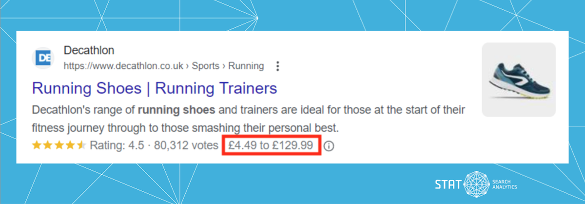 A screenshot of a search result containing a price rich snippet.