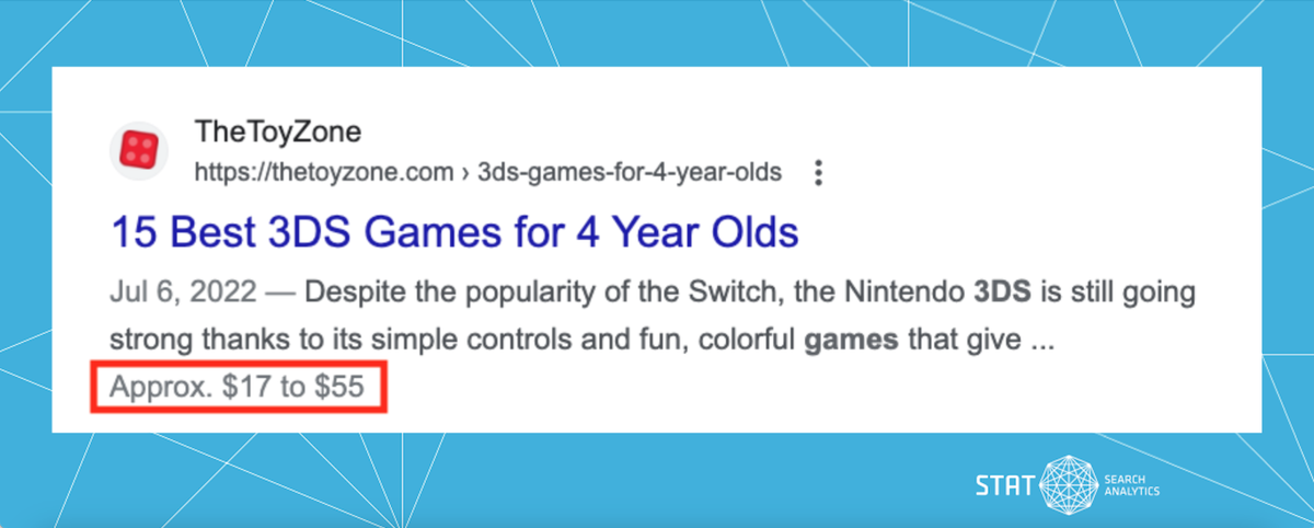 A screenshot showing a Google search result showing a price rich snippet.