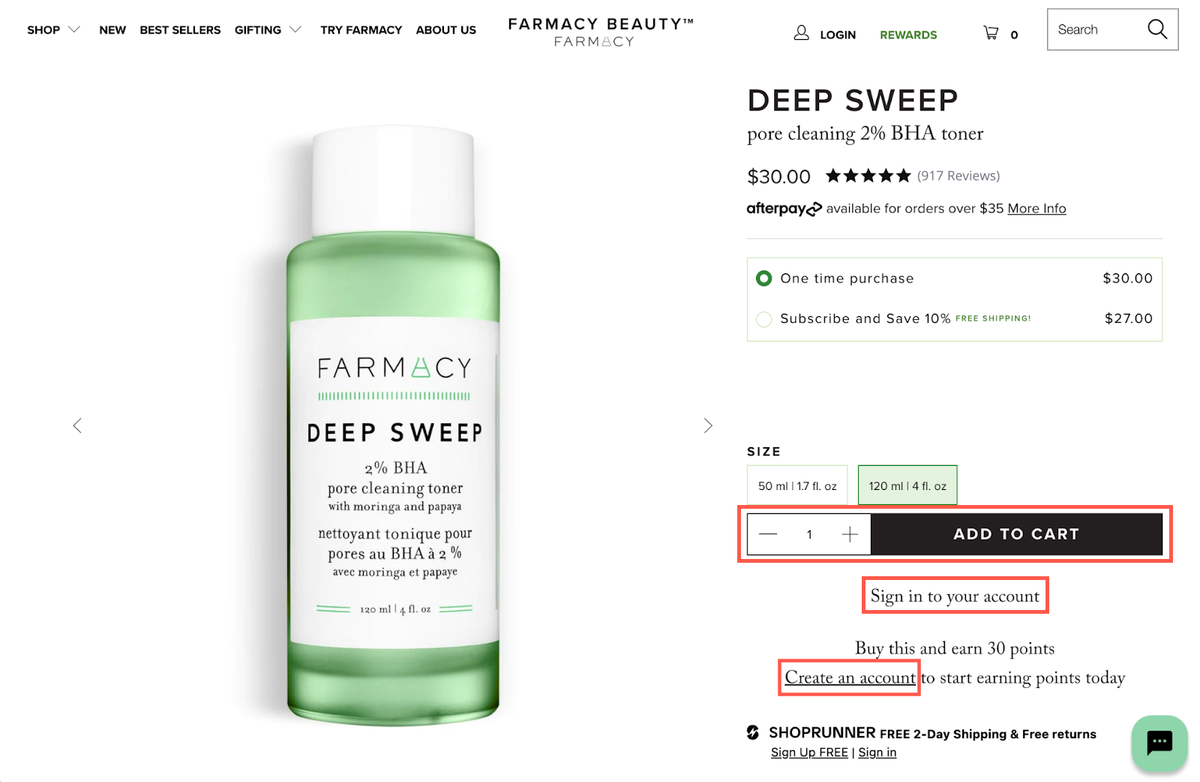 Product page with ready to buy attributes highlighted.