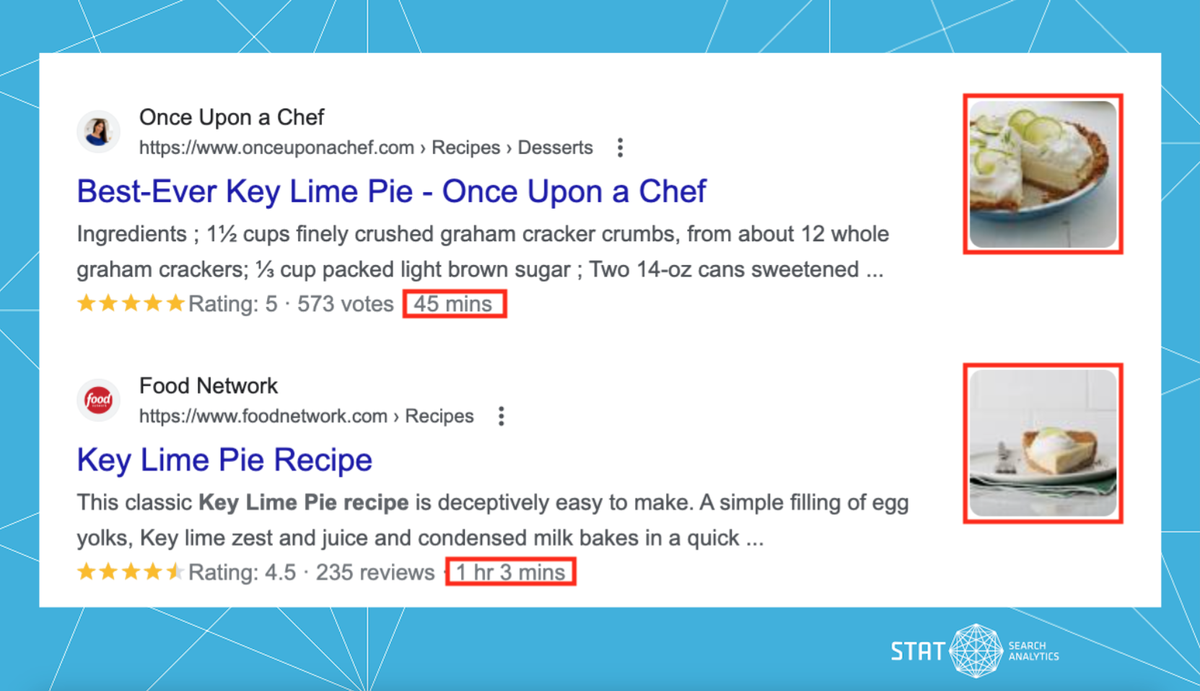 A screenshot showing recipe rich results in Google.