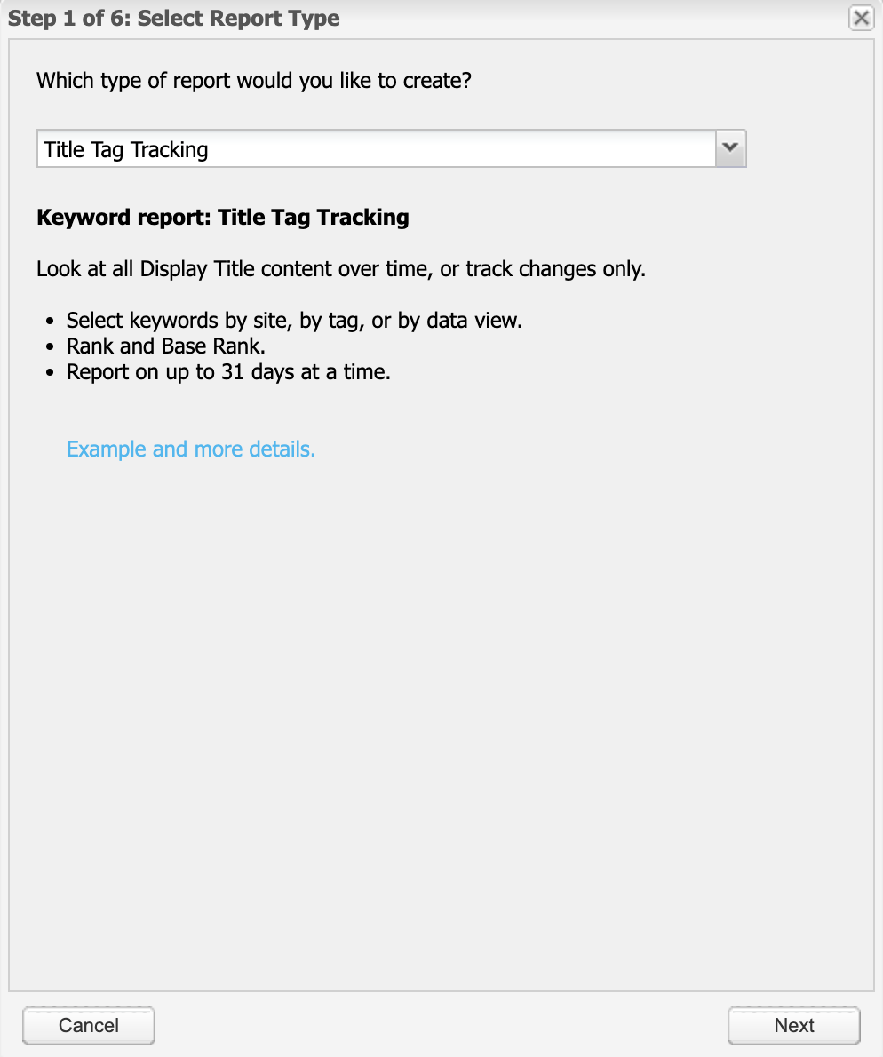 Screenshot showing Title Tags report - Step 1: Select report type.