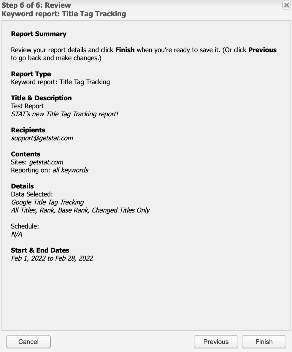 Screenshot showing Title Tags report - Step 6: Review.