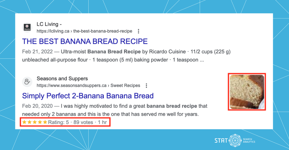 A screenshot showing two search results: one with an image and recipe rich result, the other with just a plain link and meta description.