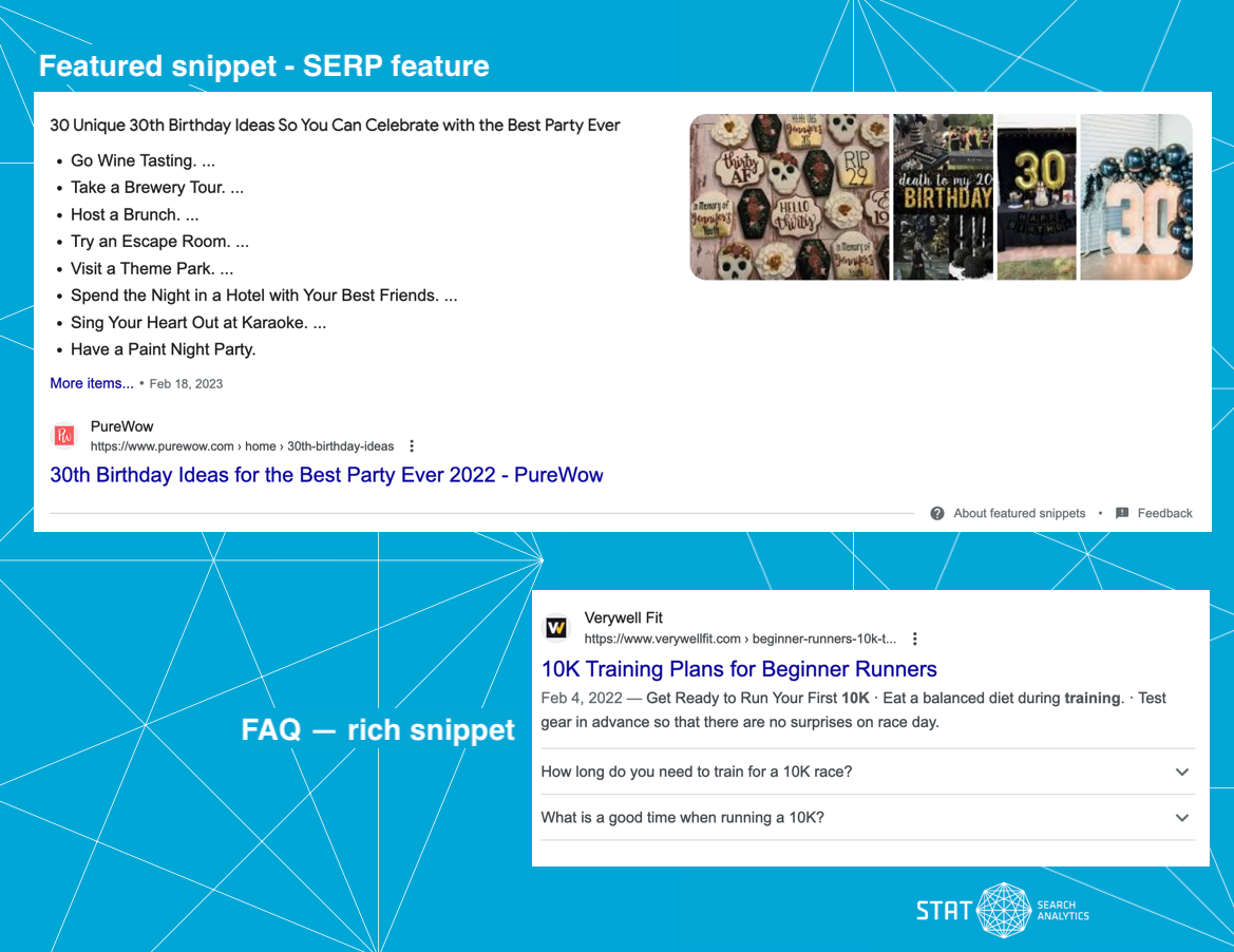 Screenshots showing examples of a featured snippet and FAQ search result.