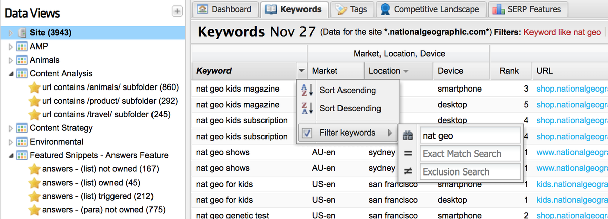 A screenshot of keyword filtering criteria used to create tags in STAT