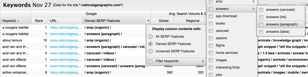 A screenshot of filtering criteria in STAT to segment your keywords with