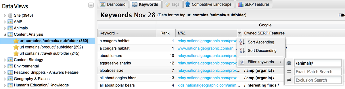 A screenshot from STAT showing different tags and filtering criteria for keywords containing the word "animals"