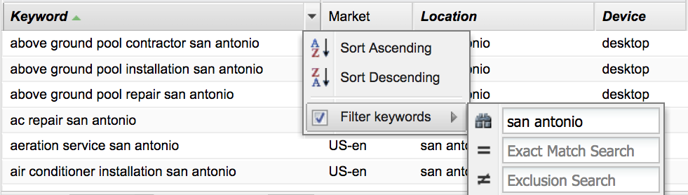 A screenshot showing filtering criteria in STAT to include keywords containing "san antonio"