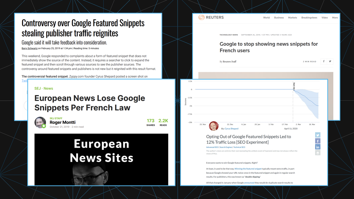 Screenshots of news stories around featured snippets.