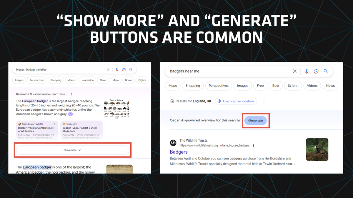 A screenshot showing SGE generate buttons on the SERP.
