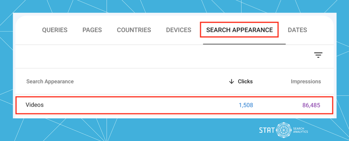 A screenshot of the Search Appearance tab in Google Search Console.