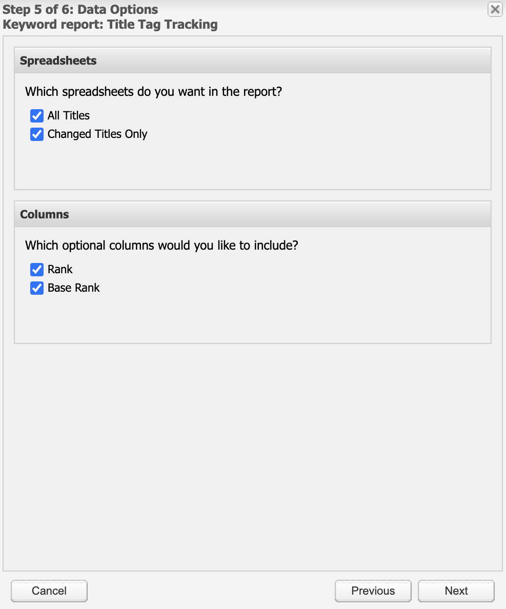 Screenshot showing Title Tags report - Step 5: Data options