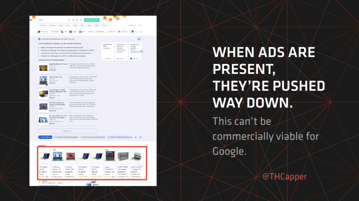 A screenshot showing how far down the SERP ads are pushed when an SGE is present.