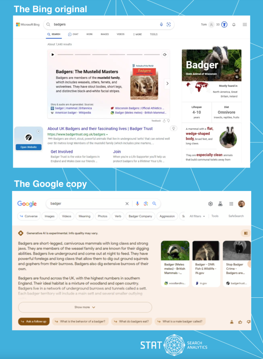 Screenshots comparing AI generative search results in both Bing and Google.