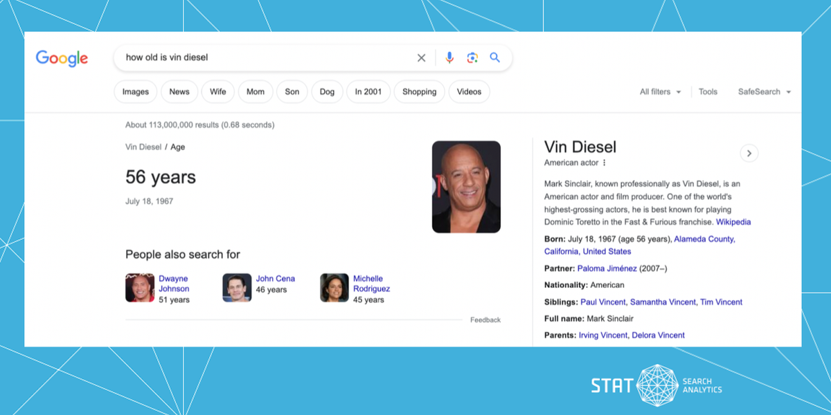 A screenshot showing a knowledge graph answer on the SERP.